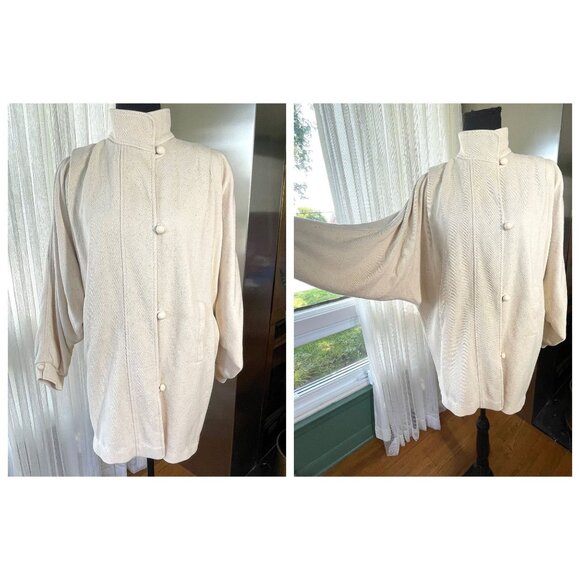Vintage 80s coat, ecru off-white, batwing sleeves, thick cotton blend, Medium - Picture 2 of 10